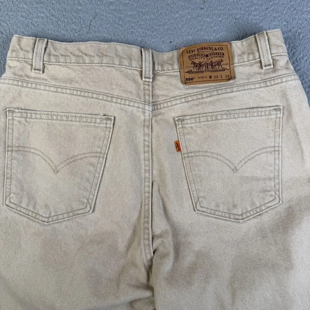 VINTAGE LEVI'S 550 Jeans Mens 38x34 Beige Orange Tab Made USA Pants Streetwear